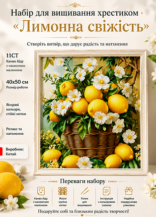 0863 набір для вишивання хрестиком "лимонна свіжість" 11ct, 40x50 см, канва аїду з нанесеним малюнком
