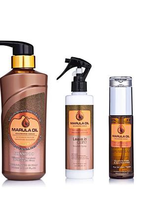 Набір косметики для волосся clever cosmetics marula oil -шампунь 500 мл + спрей 250 мл + олія 60 мл