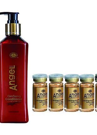 Набор для укрепления волос angel professional с женьшенем против выпадения кондиционер 300 мл и активный тоник 5 штук по 10 мл