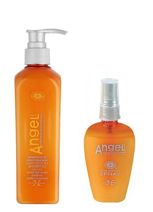 Набор для ухода за жирными и ослабленными волосами angel professional (шампунь 500 мл + спрей 80 мл)