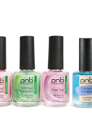 Набір для лікування та зміцнення нігтів pnb (4 засоби): calcium fortifier, pink nail treatment, sos regenerator, fixer top 15 мл