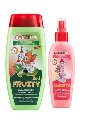 Набор для волос subrina kids fruty/sweety фруктовый для купания и расчесывания шампунь-гель 250 мл + кондиционер 150 мл