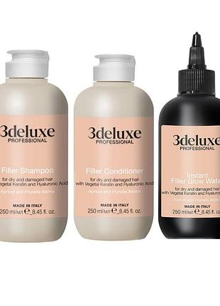 Повний набір 3deluxe filler: шампунь 250 мл + кондиціонер 250 мл + філер-блиск instant glow water 250 мл
