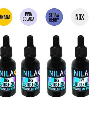 Набір сухих олій для кутикули nila dry cuticle oil 30 мл (banana + pina colada + nox + strawberry), скляна тара з піпеткою