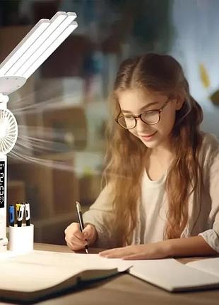 Настольная led-лампа krx-1011 с вентилятором, часами и подставкой аккумуляторный светильник с дисплеем, сенсорным управлением