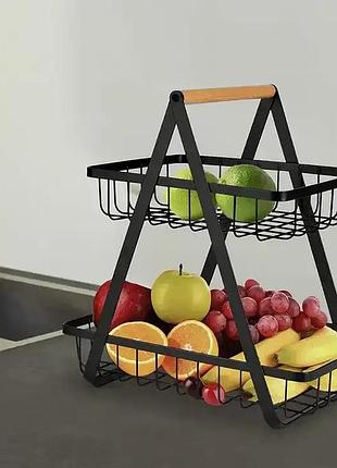 Настільний двоярусний кошик - фруктівниця з дерев'яною ручкою double fruit basket розбірний металевий кошик для фруктів
