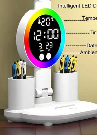 Настільна led лампа krx-104 з rgb-підсвіткою, вентилятором, годинником і підставкою акумуляторний настільний світильник 4-в-1 із