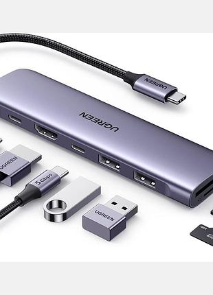 Хаб usb-c ugreen cm195 7-в-1 4k hdmi pd 100 вт sd/microsd space gray