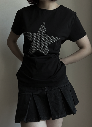 Черная футболка со звездой со стразами y2k rhinestone star graphic t-shirt oversized