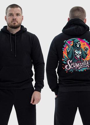 Мужской легкий худи с принтом scumzilla скелет в балахоне цветной арт, черный