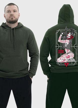 Чоловічий легкий худі з принтом sunset goons дівчина червоні тату автомат сидить, хакі xl