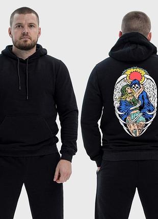 Чоловічий легкий худі з принтом sunset goons дівчина та скелет янгол, чорний