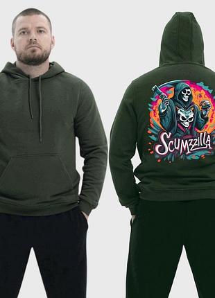 Чоловічий легкий худі з принтом scumzilla скелет у балахоні кольоровий арт, хакі xl