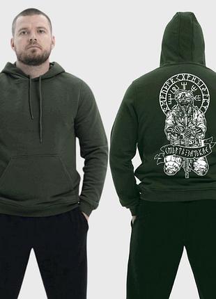 Чоловічий легкий худі з принтом смерть зачекає скелет руни, хакі xxl