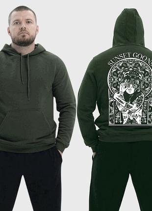 Чоловічий легкий худі з принтом sunset goons дівчина з біноклем, хакі xl