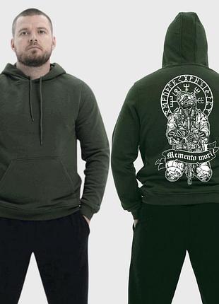 Чоловічий легкий худі з принтом мементо скелет на колінах руни memento mori, хакі xxl