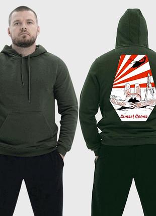 Чоловічий легкий худі з принтом sunset goons дівчина на пляжі гелікоптер вертоліт, хакі l