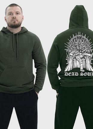 Чоловічий легкий худі з принтом dead soul мертва душа скелет на залізному троні, хакі m