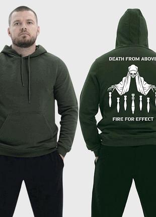 Чоловічий легкий худі з принтом death from above смерть скидає міни, хакі l