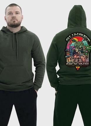 Чоловічий легкий худі з принтом sunset goons дівчина палають пальми гелікоптер, хакі xl