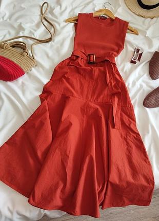 Терракотовое комбинированное платье миди с поясом zara s