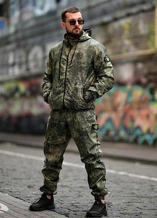 Спортивний костюм stone island пп8231 хакі з плащівки з капюшоном демісезонний