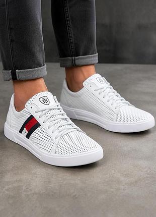 Чоловічі кросівки кеди hilfiger білі з перфорованої шкіри т-5