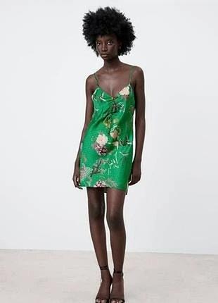 Сукня жіноча zara satin flowered print dress зелена