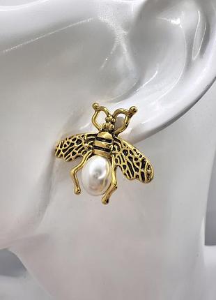 Сережки гвіздочки бджілки з перлами вінтаж позолота 18k