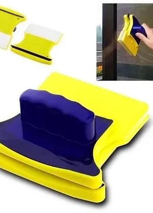 Магнитная щетка для мытья окон с двух сторон magnetic double side cleaner 40мм со страховочным шнуром желто-синяя