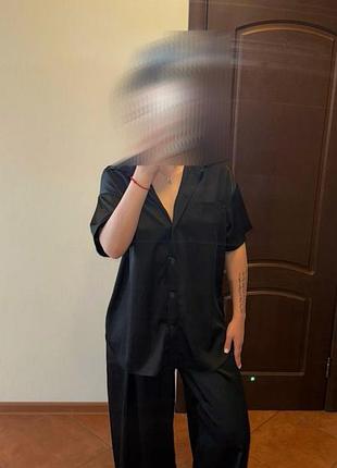 Чорний атласний костюм oversize s/m/