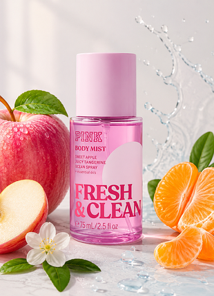 Victoria's secret pink fresh &amp; clean body mist 75 мл - парфюмированный спрей для тела с нотами сладкого яблока, сочного мандарина и морского бриза
