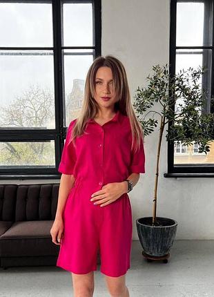 Легкий жіночий базовий комбінезон льон рожевий, 44