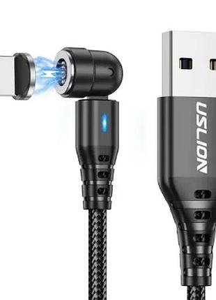 Магнітний кабель uslion 2 в 1 (швидка зарядка 5a) micro - usb / 540 градусів / круглий / 100 см / чорний