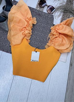 Нова літня блуза zara s m в’язана блуза коротка помаранчева блуза зара з об’ємними шифоновими рукавами