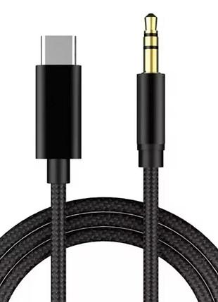 Перехідник кабель з type-c на aux аудіо 3.5 mm / нейлон / 1 метр / чорний