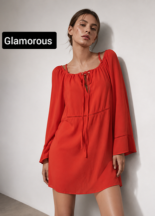 Платье женское мини рубашка кораллового цвета на бретелях от бренда glamorous 10