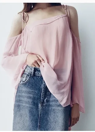 Напівпрозора натуральна шифонова блуза zara 2 в 1 з відкритими плечима та тонкими бретелями у романтичному стилі