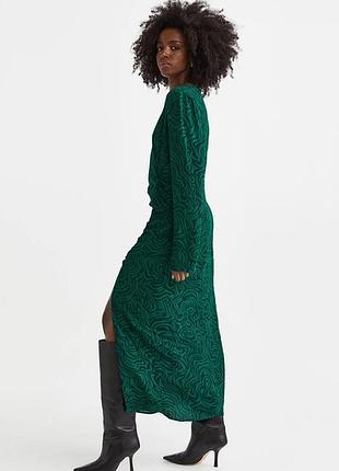 Платье h&m s, xs, макси, длинное, зеленое, изумрудное, из крепа с длинными рукавами и абстрактным зеленым узором, с разрезом, сукня довга з розрізом