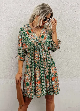 Яскрава зелена boho-сукня shein з принтом пейслі та відкритою спиною, легка сукня-бохо, розмір l (eu 40/42)