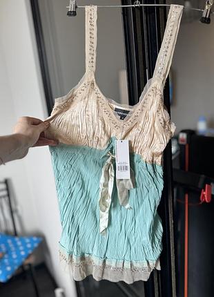 ✨ 100% silk жатка топ майка з шовку стрази сітка колір шампань бірюза/розкішний шовковий топ/майка 100% шовк, uk 12 нова з бірками у білизняному стилі