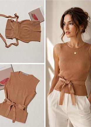 Майка zara в рубчик з відкритою спинкою та поясом, нюдово-теракотова, s/m