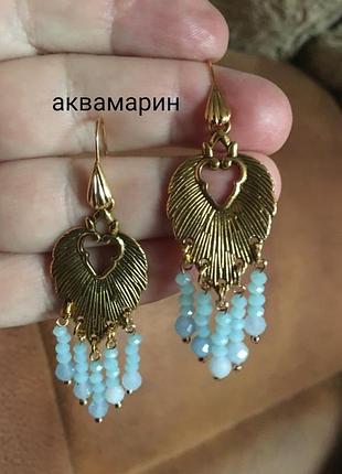 Довгі сережкі підвіски з аквамарином в «античному золоті»