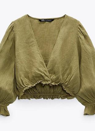 Укороченная льняная рубашка zara s,хаки