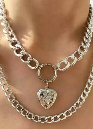 Ожерелье, колье, крупные цепи, сердце, золото серебро новые1 фото