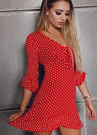 Красивое красное платье в белый горох missguided, вискоза, мини-миди xs-s