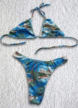 Тропічний принт 🏝️ блакитний роздільний купальник шторки 👙 пляжний комплект