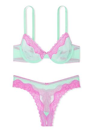 Комплект білизни victoria’s secret 36dd + трусики xs/s, м’ятний з рожевим мереживом