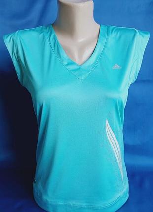 Жіноча спортивна футболка adidas climalite без рукавів бірюзова з фірмовим логотипом принтом