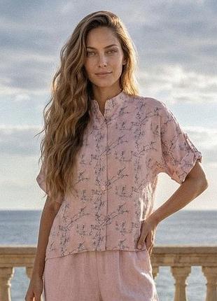 Сорочка з принтованого льону xxl-3xl. рожевий